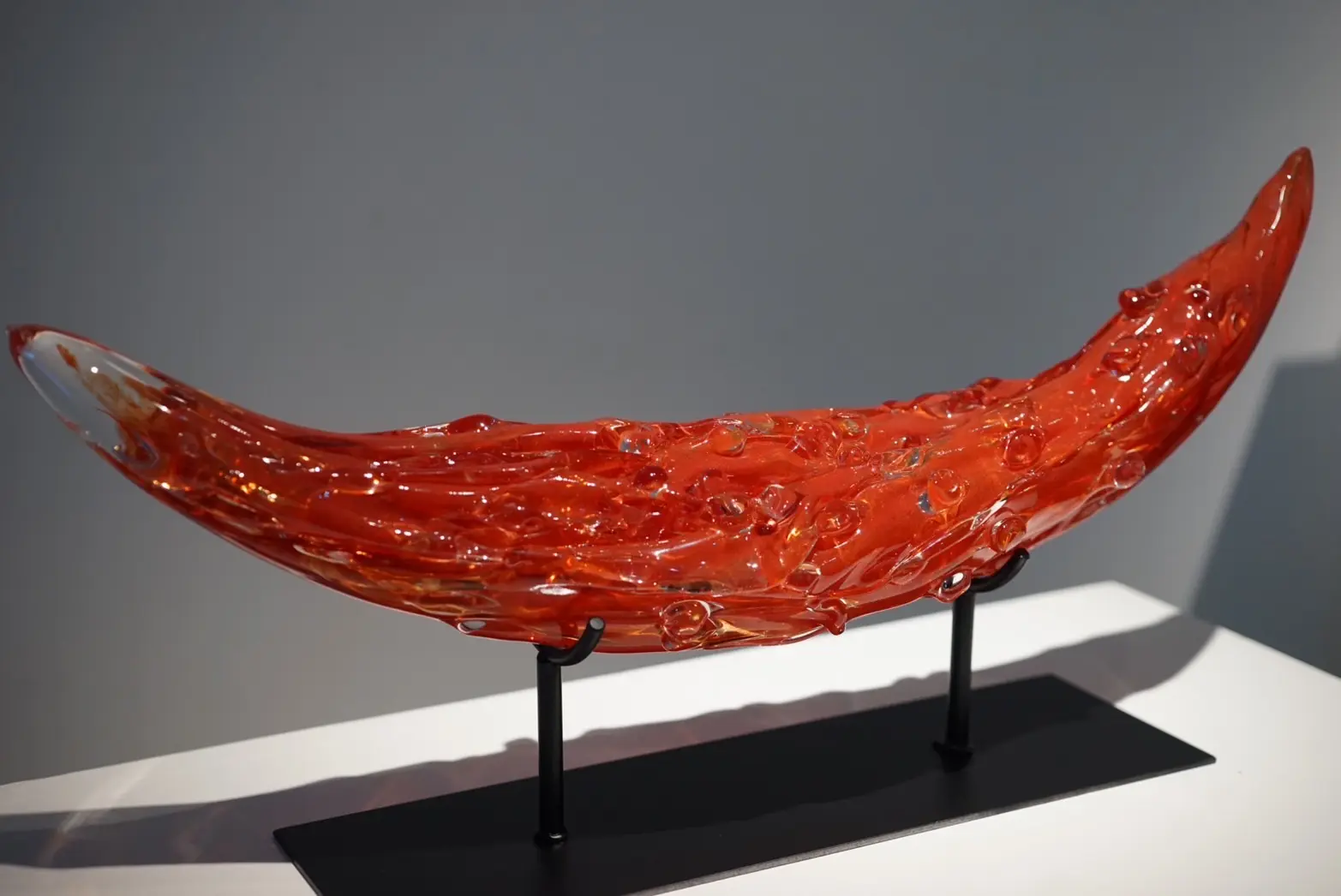 赤を基調としたガラス製の作品が白色の展示台の上に、金属製の支柱に支えられて置かれている。金属製の支柱は黒色で背景は白色である。蛸の吸盤のようなパーツが集まった丸みのある形をしていて、両端は尖っており、若干上を向いた動物の角のような形をしている。右端の方が左端よりやや上を向いている。吸盤のようなパーツは小さく、両端へ向かうに従って丸みを帯びた形となっている。作品全体にねじれも生じており、それぞれの吸盤の向き異なっている。真上からスポットライトが照らされており真下に影が落ちている。真ん中の部分が一番明るく光り輝いている。