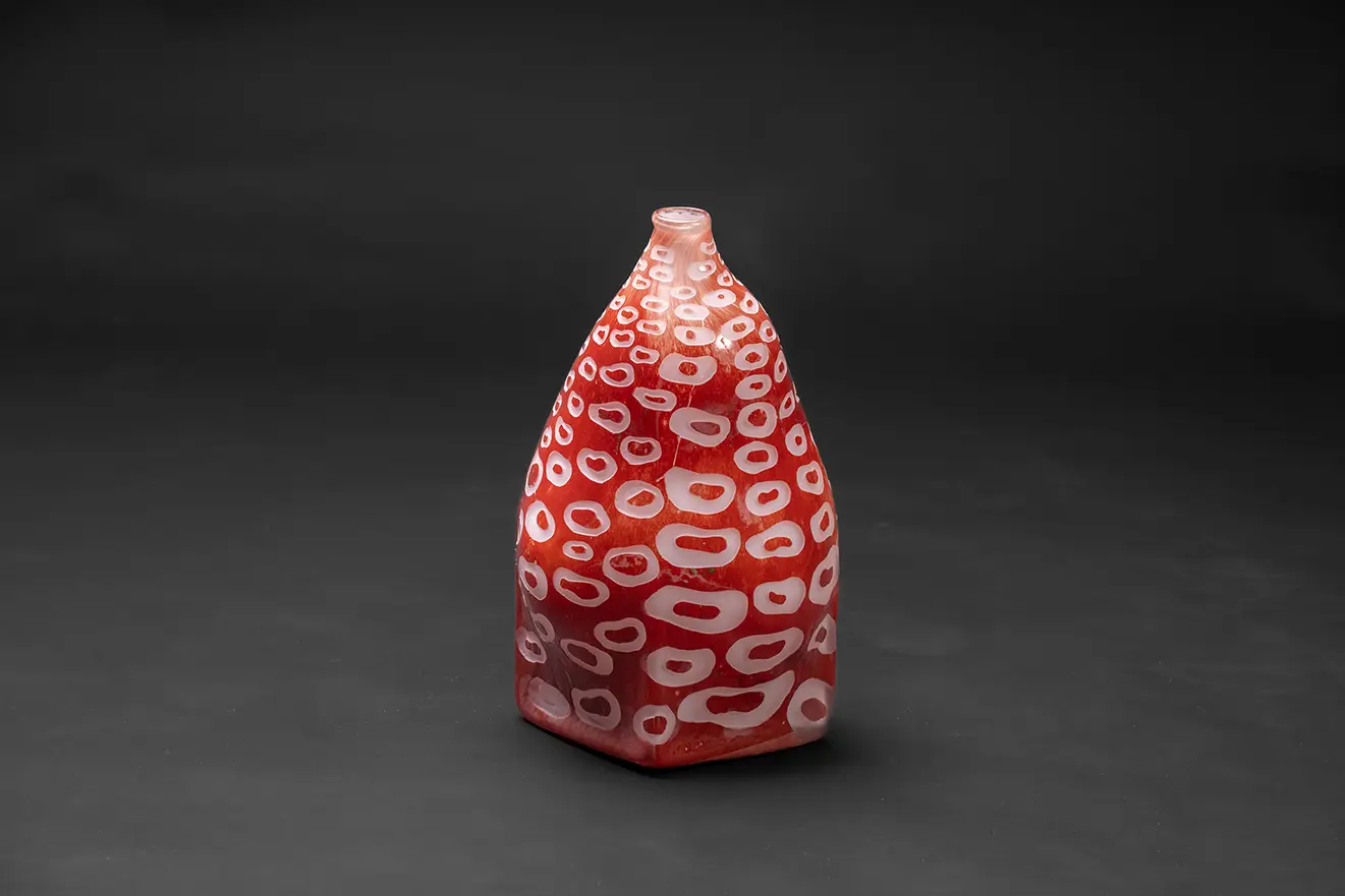 黒色の背景の中に赤色と白色の模様がついたガラス製の花器が中央に置いてある。赤色のボディーに白い輪のような模様が不規則に沢山配置されている。全体の形はアシンメトリーであり、不規則に膨らみまたは縮みながらも瓢箪のような形を帯びている。そして上部には筒形の口の部分があり、そこから水や物を入れることが可能である。上部から光が落ちており、花器の真下に影が確認できる。